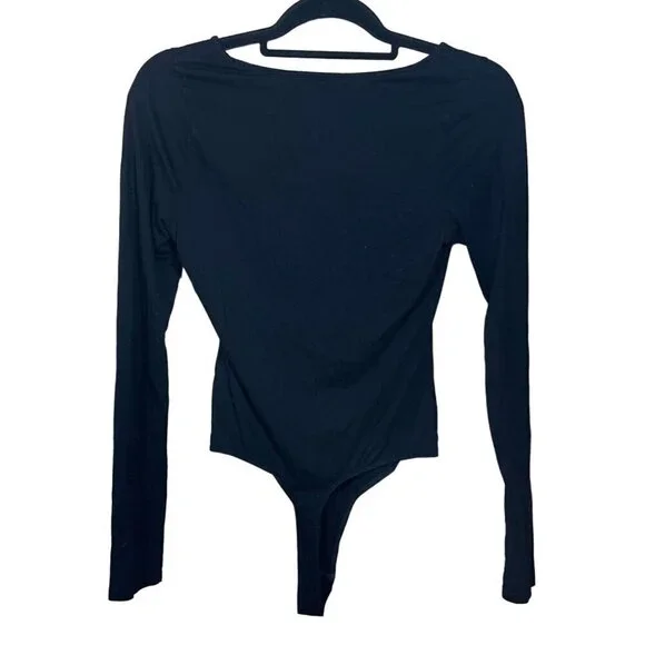 Asos Black Bodysuit Long Sleeve Thong Snap Closture Size 2 Stretch - Picture 2 of 6